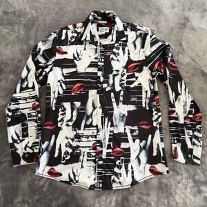 Fresh Prints of Bel-Air Men's Graphic Black White Red Button-Up Shirt Long Slee…